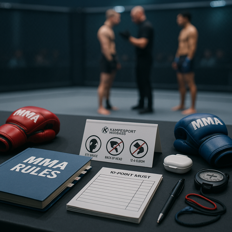 Richtertisch mit Regelheft, Scorecards, Stoppuhr, Mundschutz und roten/blauen Handschuhen; im unscharfen Hintergrund ein