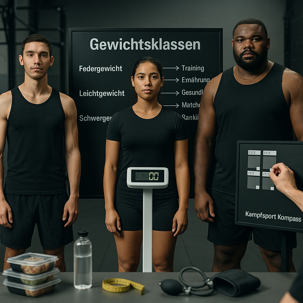 Three MMA athletes of different weight classes stand by a digital scale in a