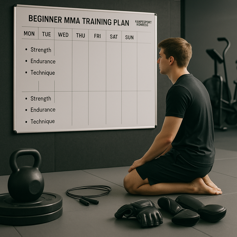 MMA-Einsteiger im modernen Gym studiert einen Wochenplan auf dem Whiteboard; Kettlebell und Hantelscheiben, Springseil