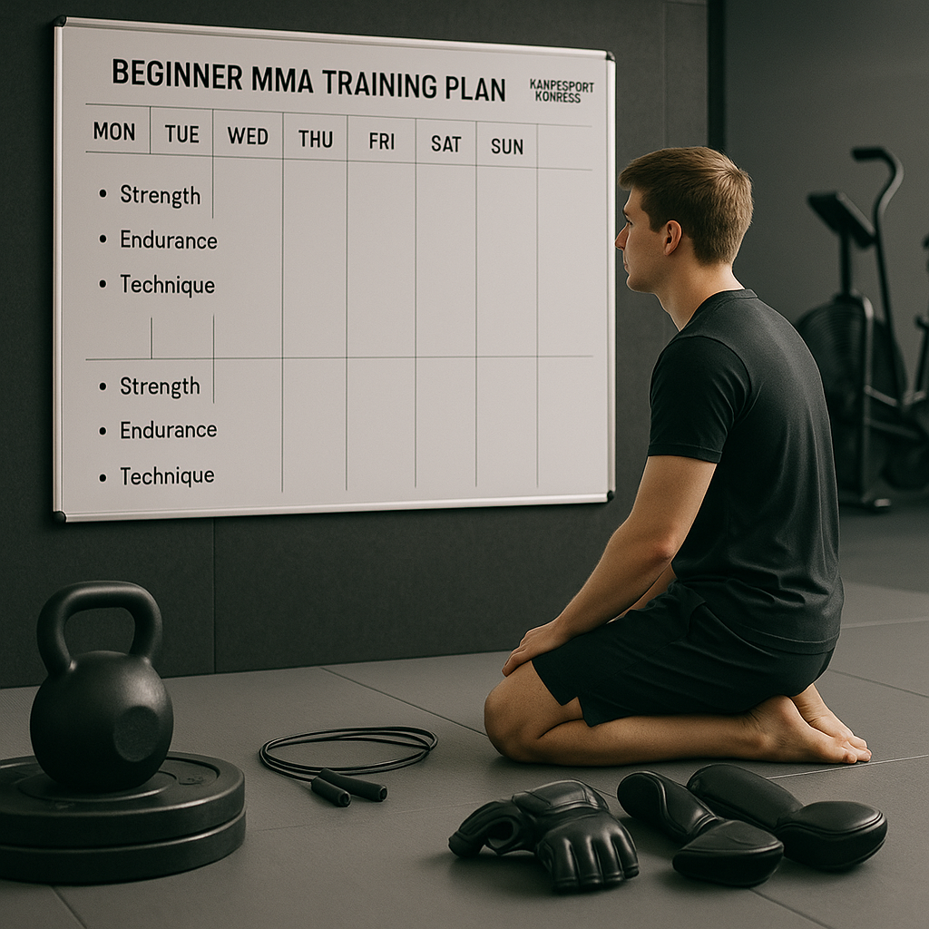 MMA-Einsteiger im modernen Gym studiert einen Wochenplan auf dem Whiteboard; Kettlebell und Hantelscheiben, Springseil