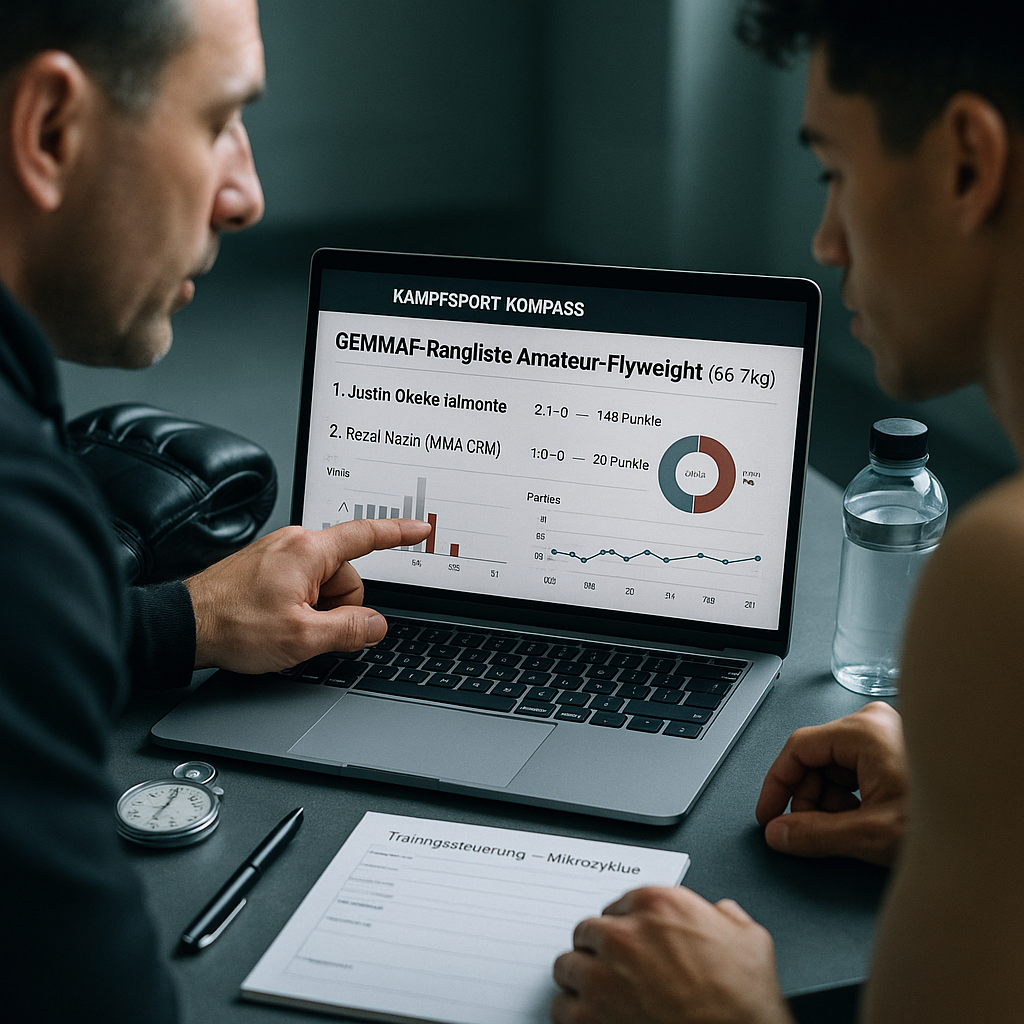 Photographic flat-lay on a dark rubber gym mat: printed German stat sheets titled “GEMMAF-Rangliste